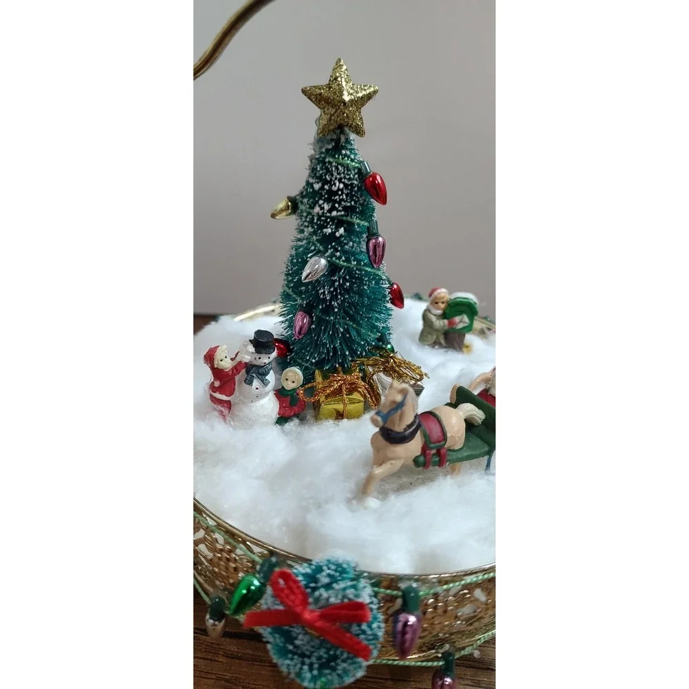 Handmade Christmas Scene Assemblage Art Sleigh Ride Snowman Tree Horse Wreathe